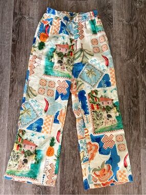 Tropical Print Wide Leg Pants - Multicolor